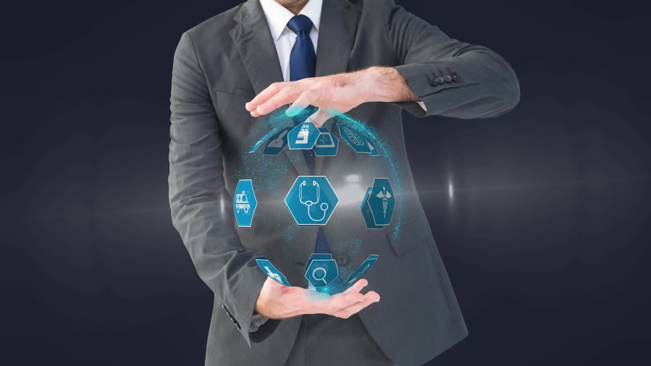 animación de un globo virtual con iconos médicos en manos de un empresario