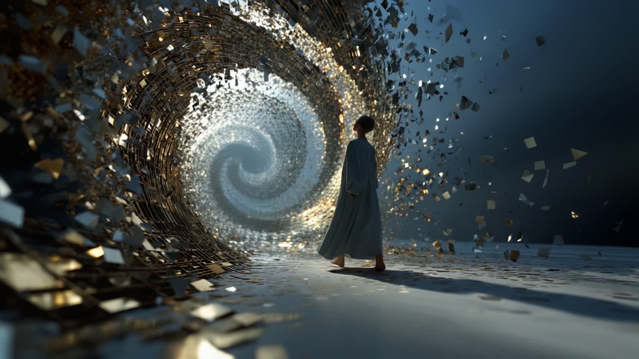 A mesmerizing transformation occurs as a figure stands amidst swirling golden fragments, symbolizing a journey through time and reality in a fantastical, dreamlike setting
