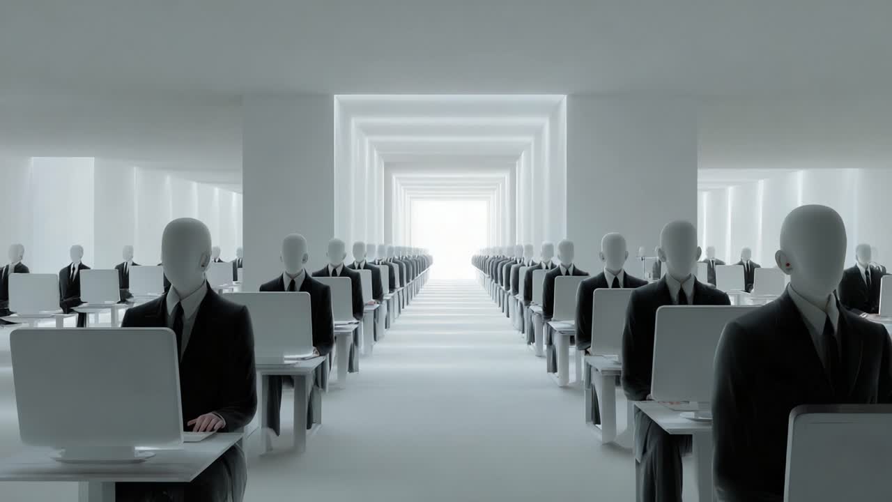 A surreal depiction of a vast office space filled with faceless figures in suits working at computer desks, creating an eerie atmosphere that challenges the concept of individuality in a digital age