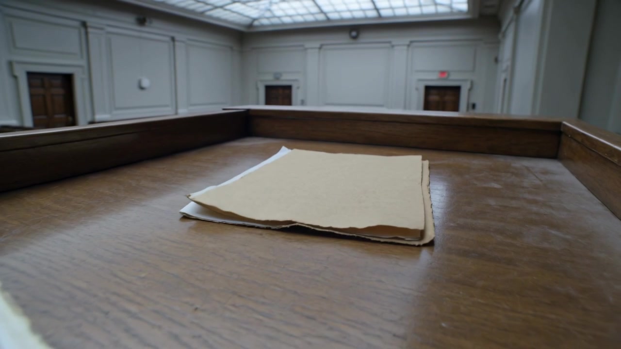 Sliding cream-colored sheet separating from stack and moving left to center across lectern
