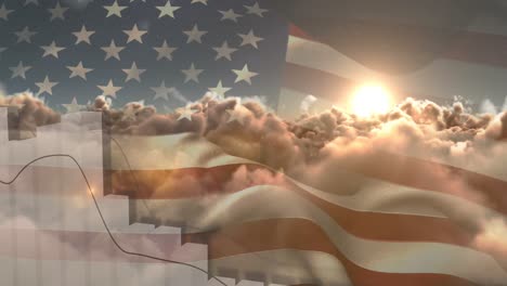 Animation-of-data-processing-over-clouds-and-flag-of-america