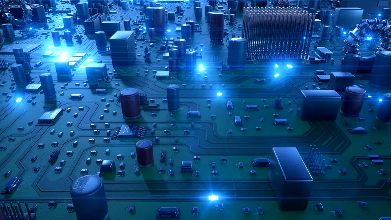 hermoso vuelo sobre la placa de circuito con señales azules en ejecución. animación en bucle 3d de la placa base con llamaradas. tecnología y concepto digital.