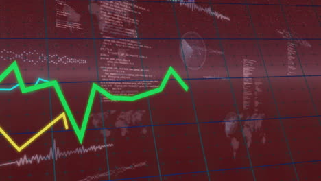 green declining graph over financial data and world map animation