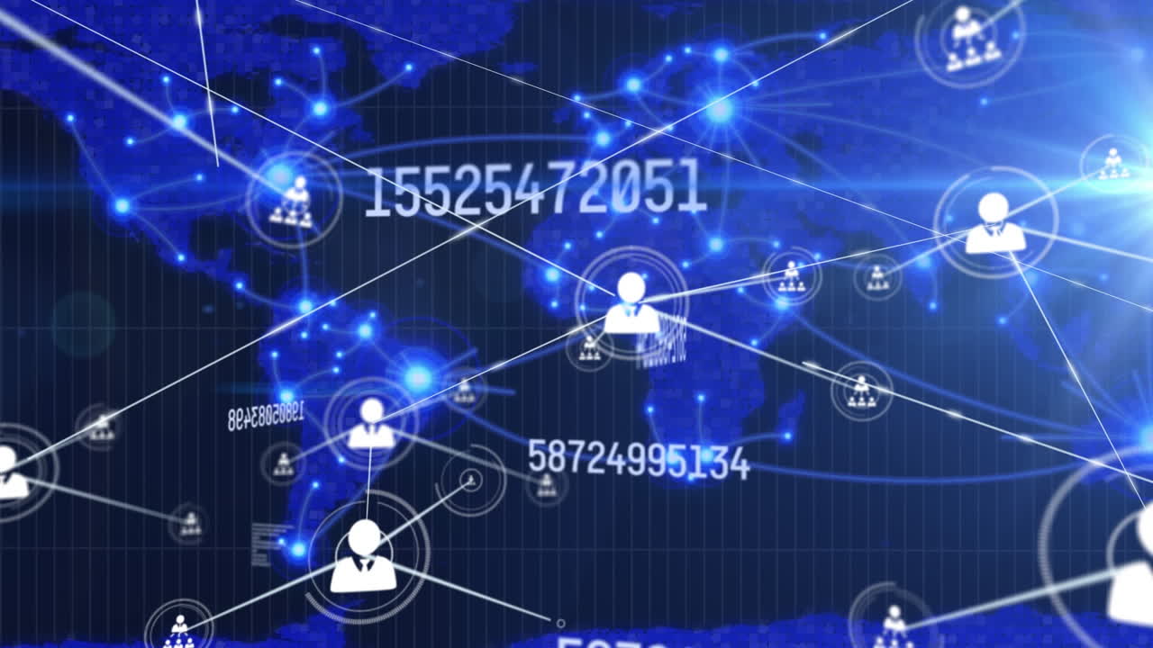 숫자와 세계 지도 위에 아이콘으로 연결된 네트워크의 애니메이션