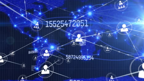 animación de la red de conexiones con iconos sobre números y mapa del mundo