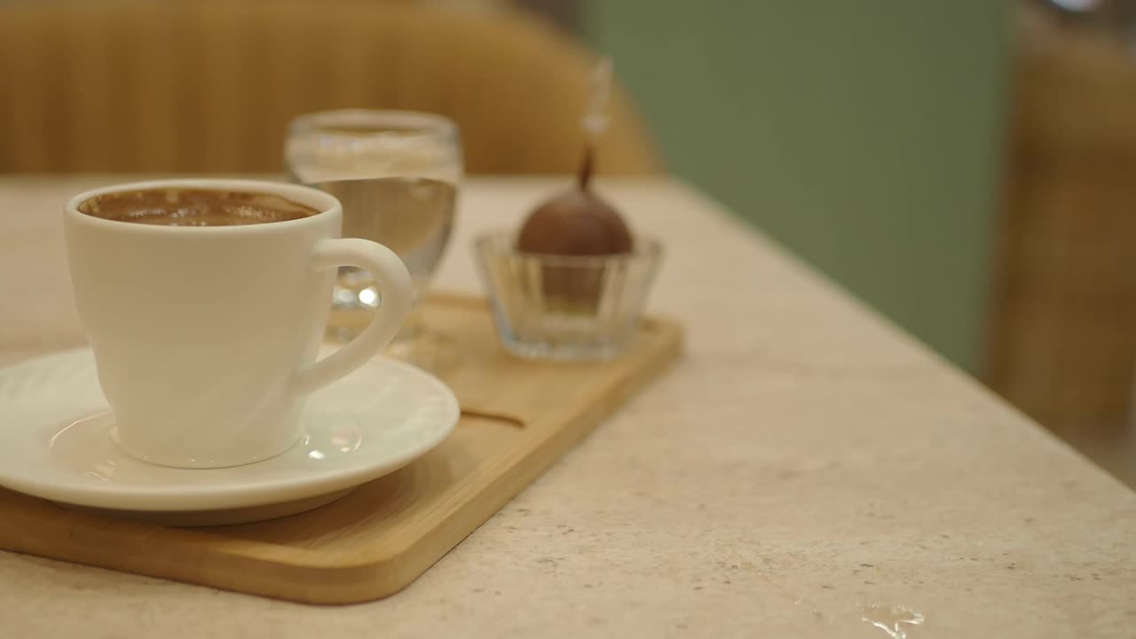 Hvit kaffekopp med vann og dessert på et bord