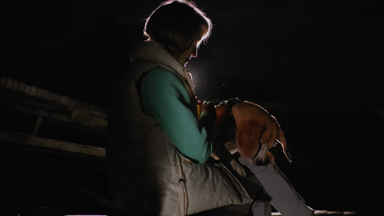 Golden retriever climbing trainer's leg during night training session illuminated by soft spotlight creating heartwarming bonding moment between human and dog in peaceful dark outdoor stadium setting