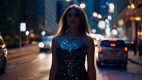 woman in a sparkling dress walks down a city street at night