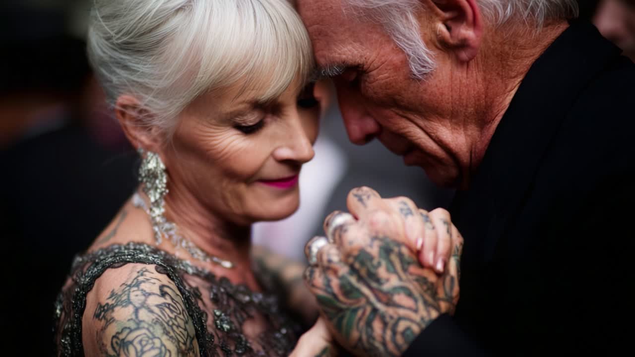 An Intimate Moment Between Two People as They Share a Dance, Capturing Emotion and Connection with Intricate Tattoos and Elegant Attire, Highlighting the Beauty of Love and Togetherness