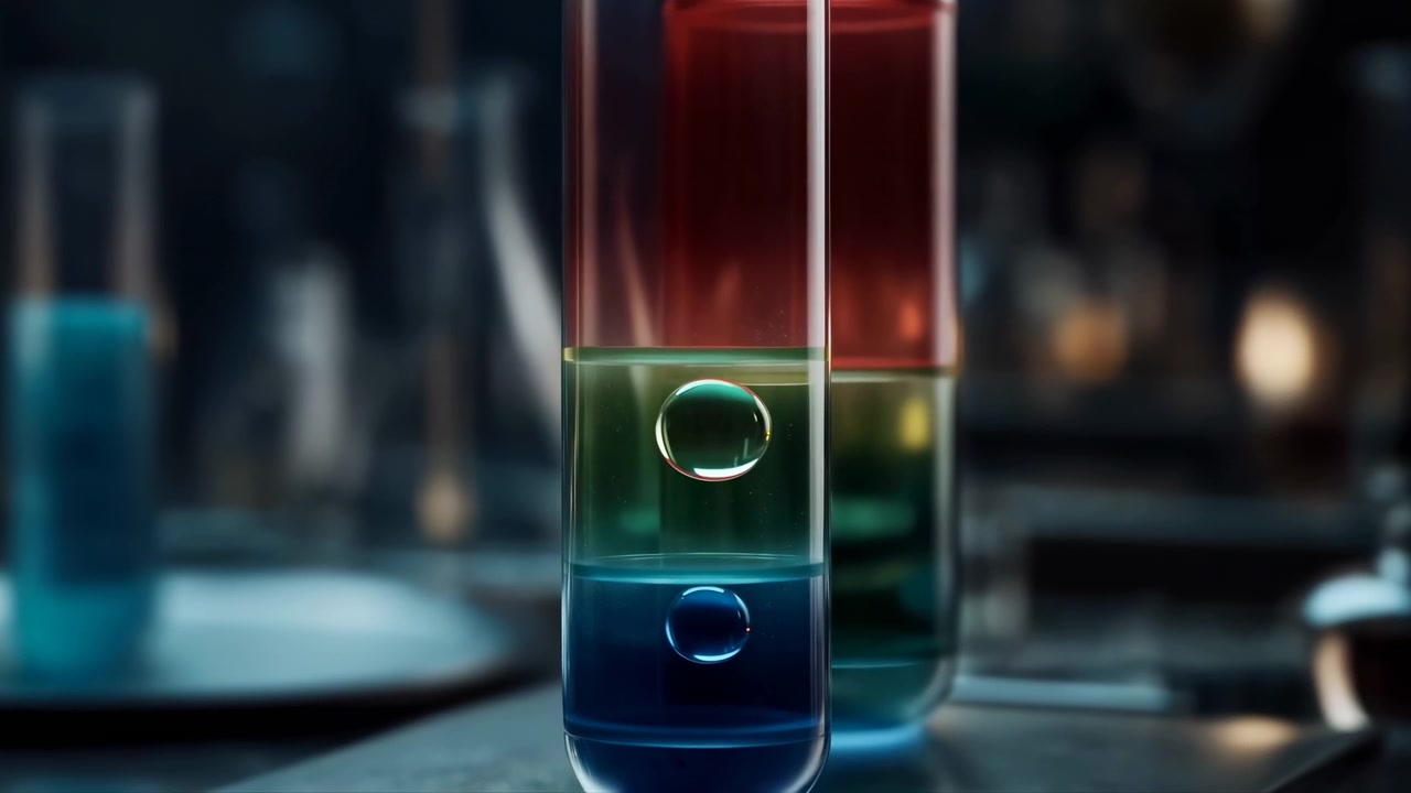 Close-up view of two transparent cylindrical tubes on reflective metal tabletop, each filled with three distinct colored liquid layers, soft highlights, shallow depth, clean scientific look