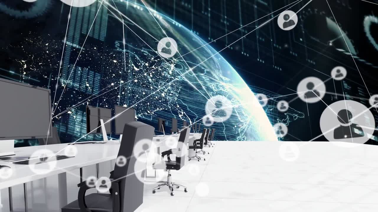 빈 사무실과 글로브 위의 아이콘으로 연결 네트워크의 애니메이션