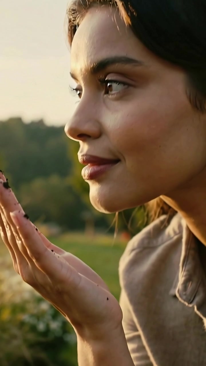 Vertical video: Feeling soil on hands, she studying palm and smelling daisies in field short sleeve