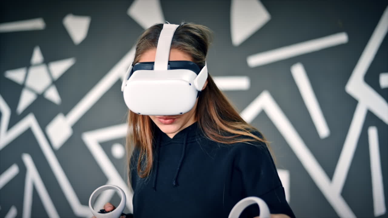 A young interested woman playing in VR games using VR glasses and controllers. Slow motion