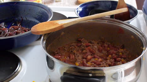 Cooking-beans-and-onions-in-electric-stove-closeup