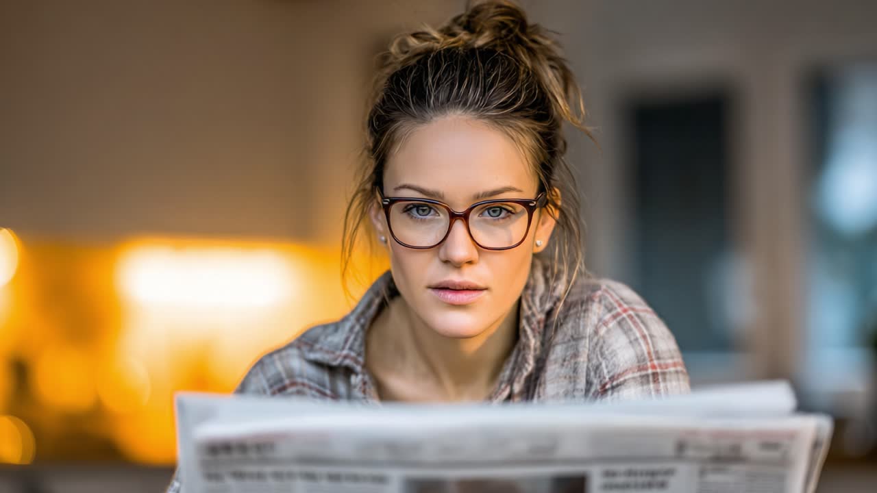 En ung kvinde fordybet i at læse en avis, et øjeblik af fokus og nysgerrighed i hyggelige indendørs omgivelser med varm belysning