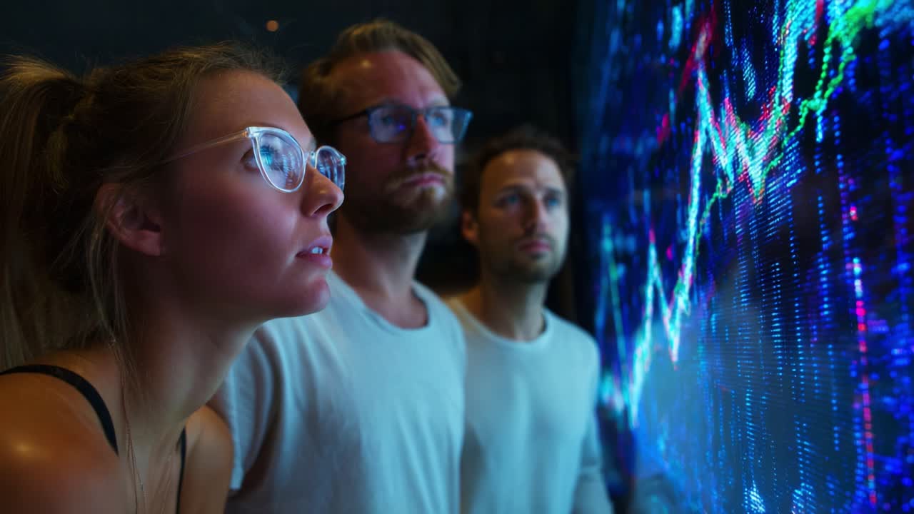 A group of three individuals closely observing a digital display of fluctuating graphs and data trends, highlighting their curiosity and engagement with technology and analytics