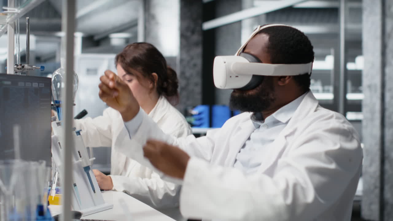 Scientist Using Computer And Vr Headset Equipment For Dna Data Analysis