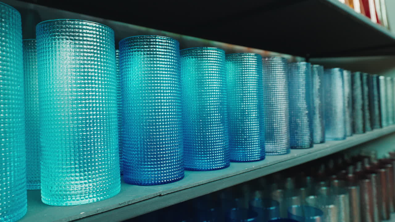 Row of Turquoise and Blue Textured Cylindrical Vases on Shelves