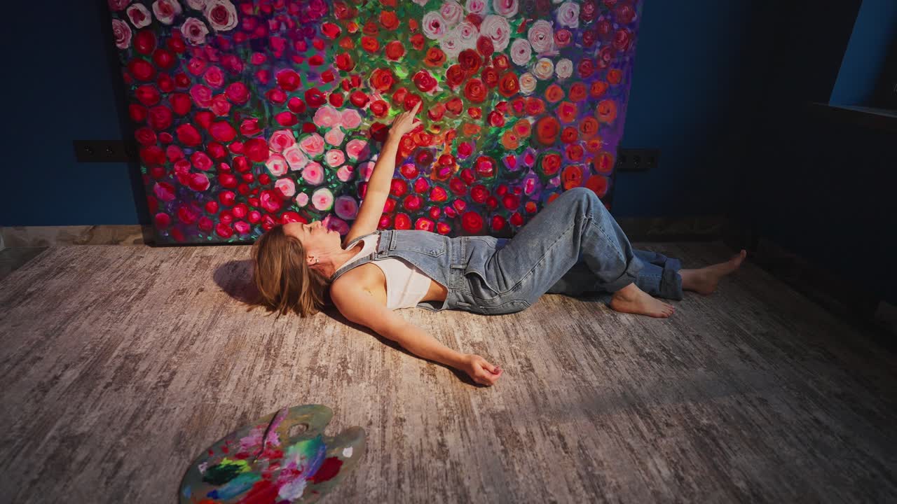 Female Artist Lying on Floor in Studio Next to Colorful Floral Painting