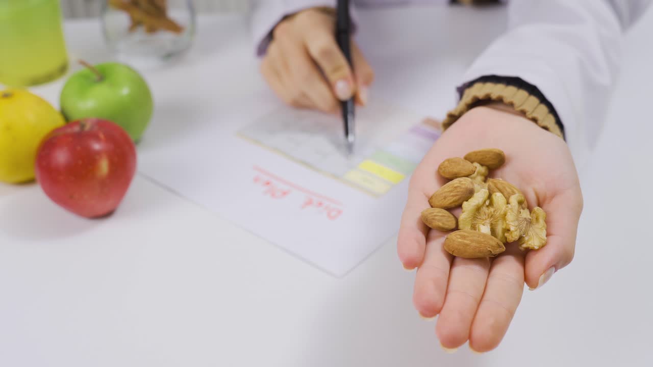 nutricionista con almendras y nueces en el concepto de estilo de vida saludable.
