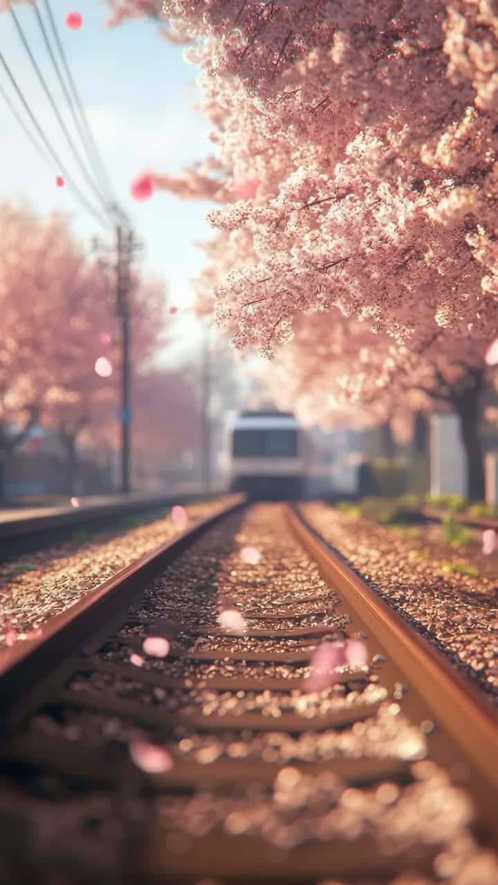 A serene video scene of cherry blossoms along train tracks, captured from a low angle