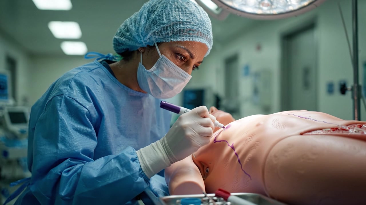 Simulazione di addestramento medico: un professionista dimostra abilità di precisione su un manichino realistico utilizzando marcatori per la pratica di procedure chirurgiche in un ambiente controllato.