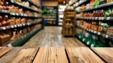 una mesa de madera frente a un pasillo de una tienda de comestibles