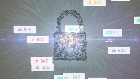 animación de iconos de redes sociales en banners sobre un candado de seguridad en línea digital
