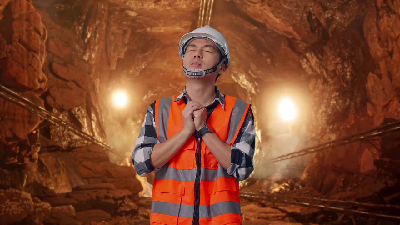 Asian Male Engineer With Safety Helmet Pray For Something While Standing In Underground Mine Tunnel