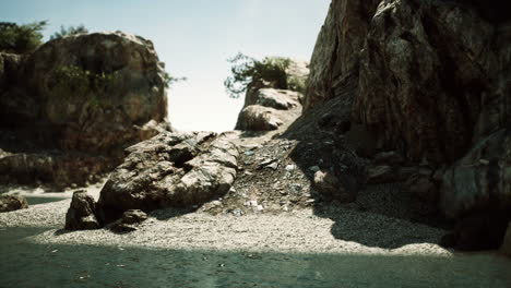 coastal view of a sand beach with cliffs