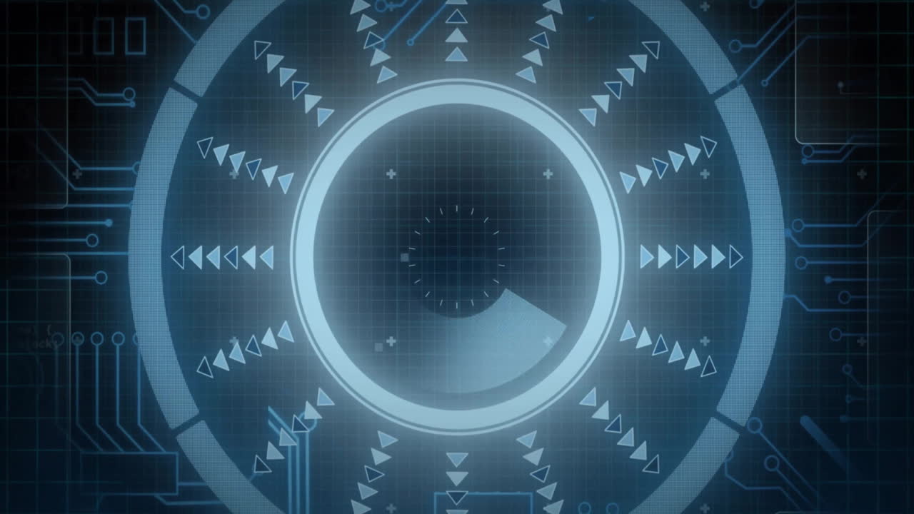 Animation of scope scanning over computer circuit board on black background