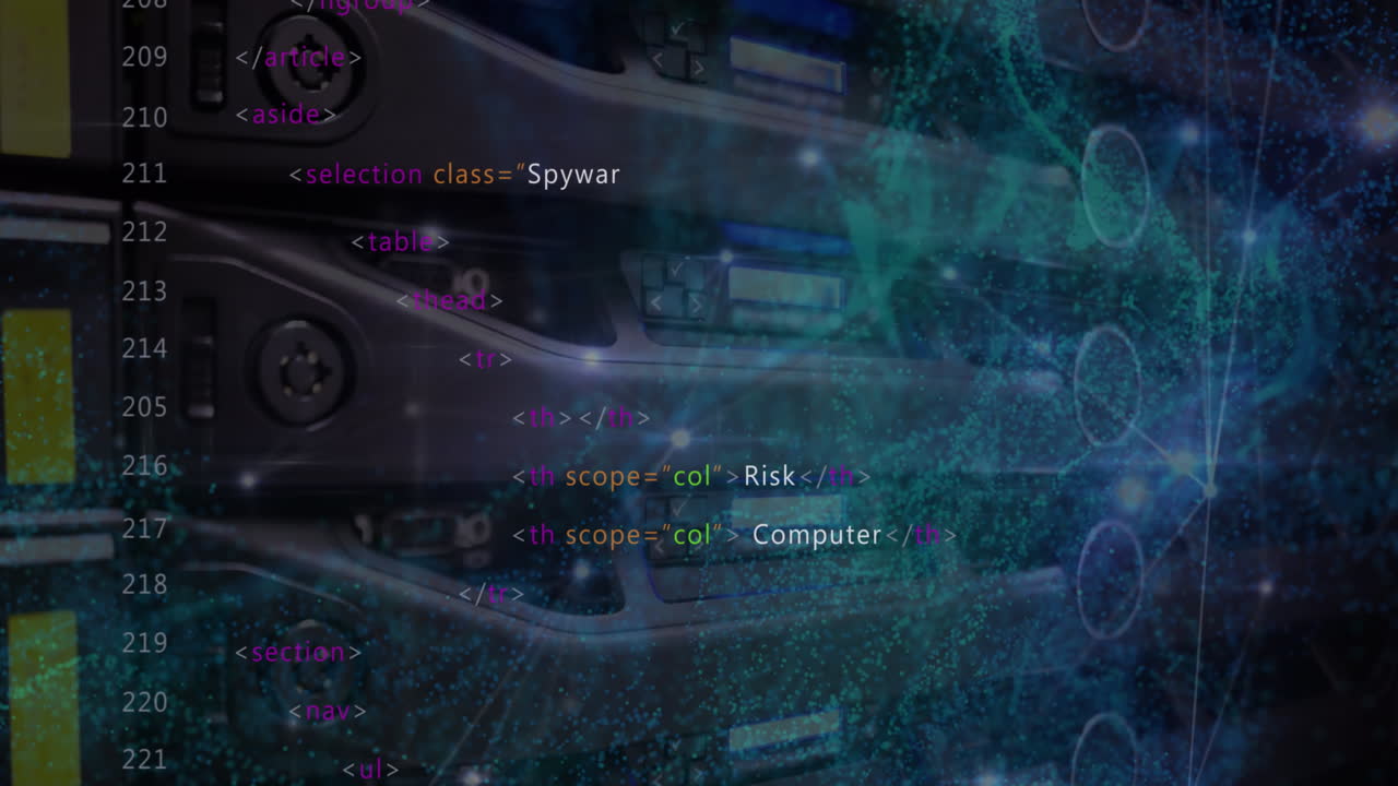 Animation of network of connections and data processing against close up of a computer server