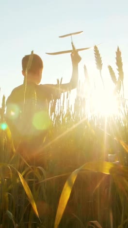 child playing with toy airplane in wheat field at sunset