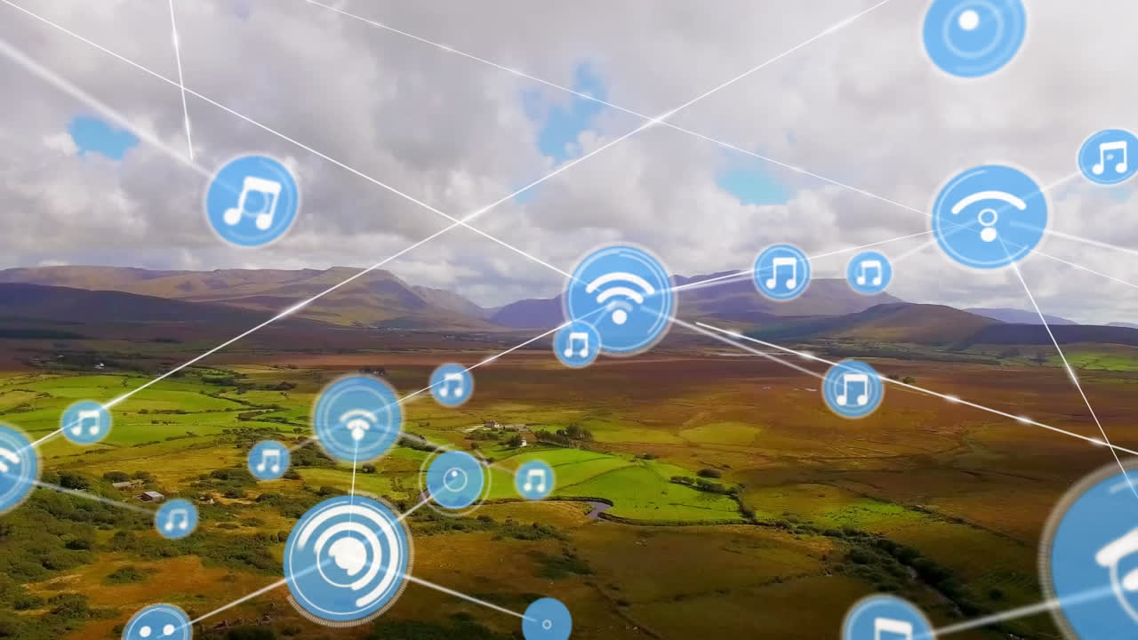 animación de redes de conexiones con iconos sobre el paisaje