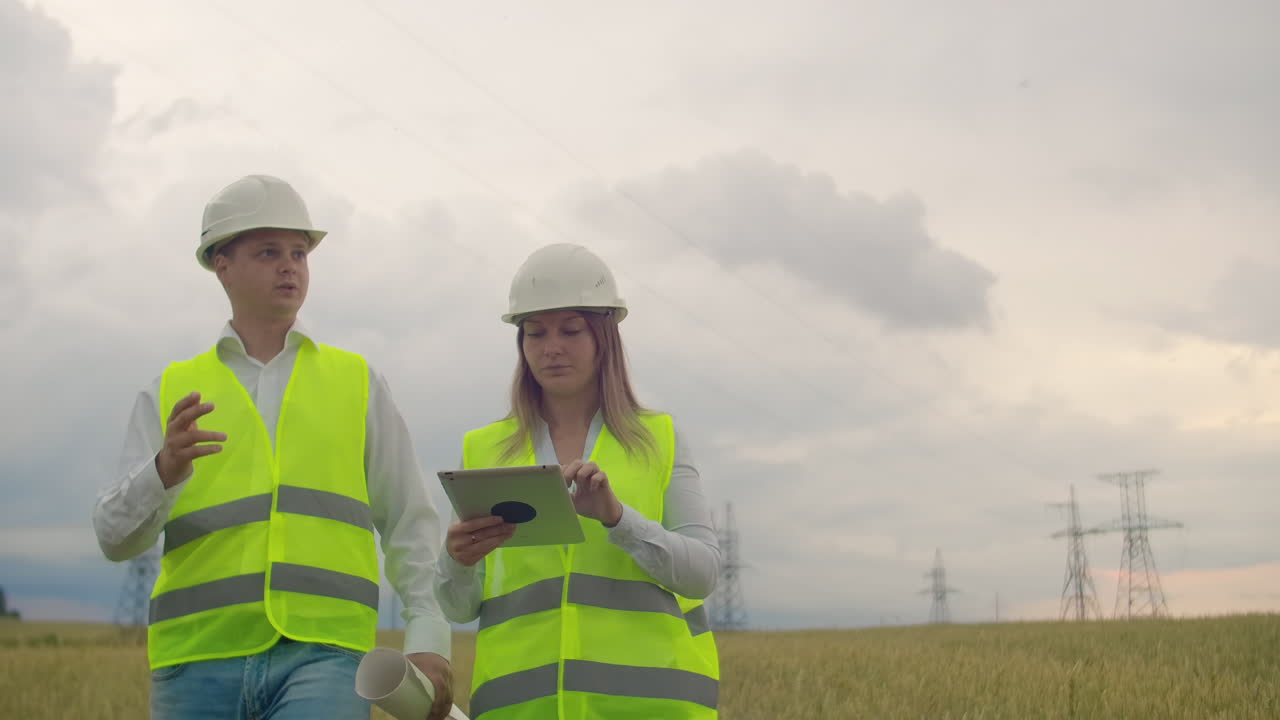 Power lines man and woman engineers with a tablet in their hands check the progress of the installation of new towers and analyze the network
