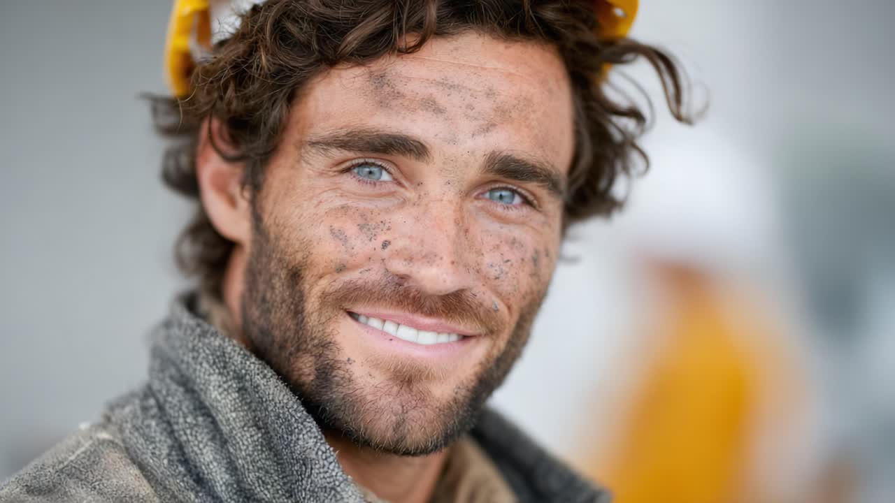 A Resilient Worker Smiles Brightly After a Day of Hard Labor, Showcasing Determination and Grit Amidst a Dusty Environment