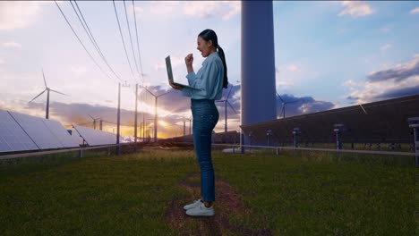 full body side view of asian female professional worker with her laptop with solar panel and wind turbines, she raises her fist up with screaming goal after typed on the laptop