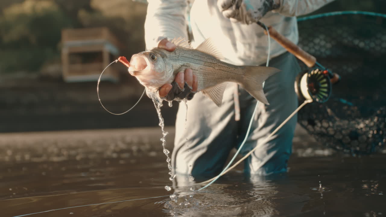 Slow motion of fly fisherman lifting bass from river, bait in mouth, water dripping off, golden hour light reflecting on ripples during dramatic fly fishing action