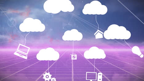 Animation of digital clouds with electronic devices over connections and grid