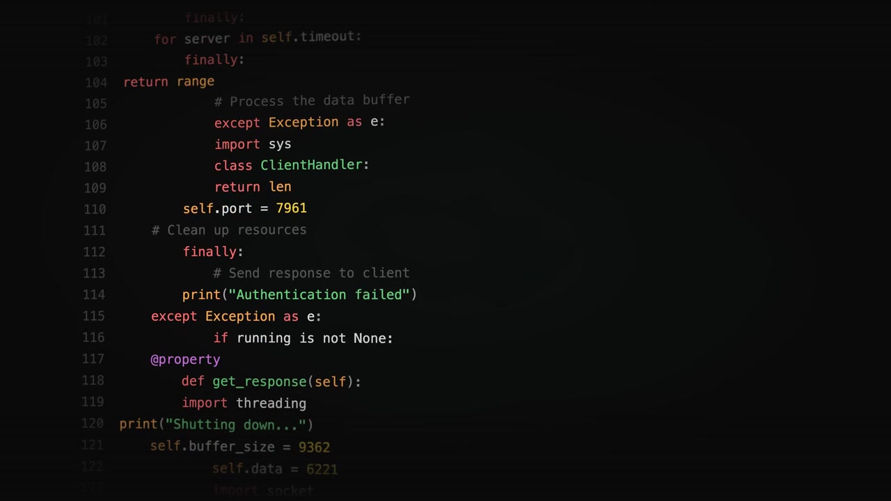 Close-up shot of multicolored Python code on a dark monitor. Detailed syntax with classes, functions, and exceptions, perfect for illustrating software, coding, or developer workflow.