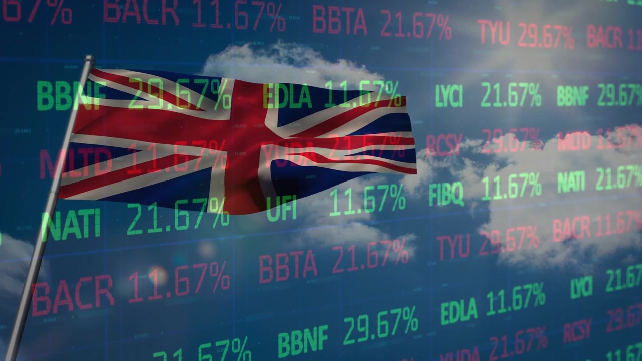 Bandiera del Regno Unito che sventola su sfondo di dati finanziari del mercato azionario