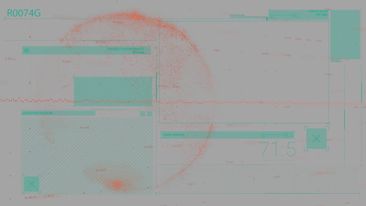 Tech monitor with UI, data spike starting red arc sweeping readout rising spot pulsing showing scan