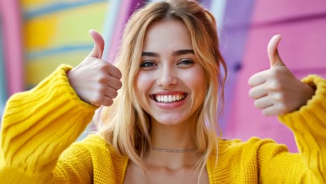 a woman in a yellow sweater giving a thumbs up