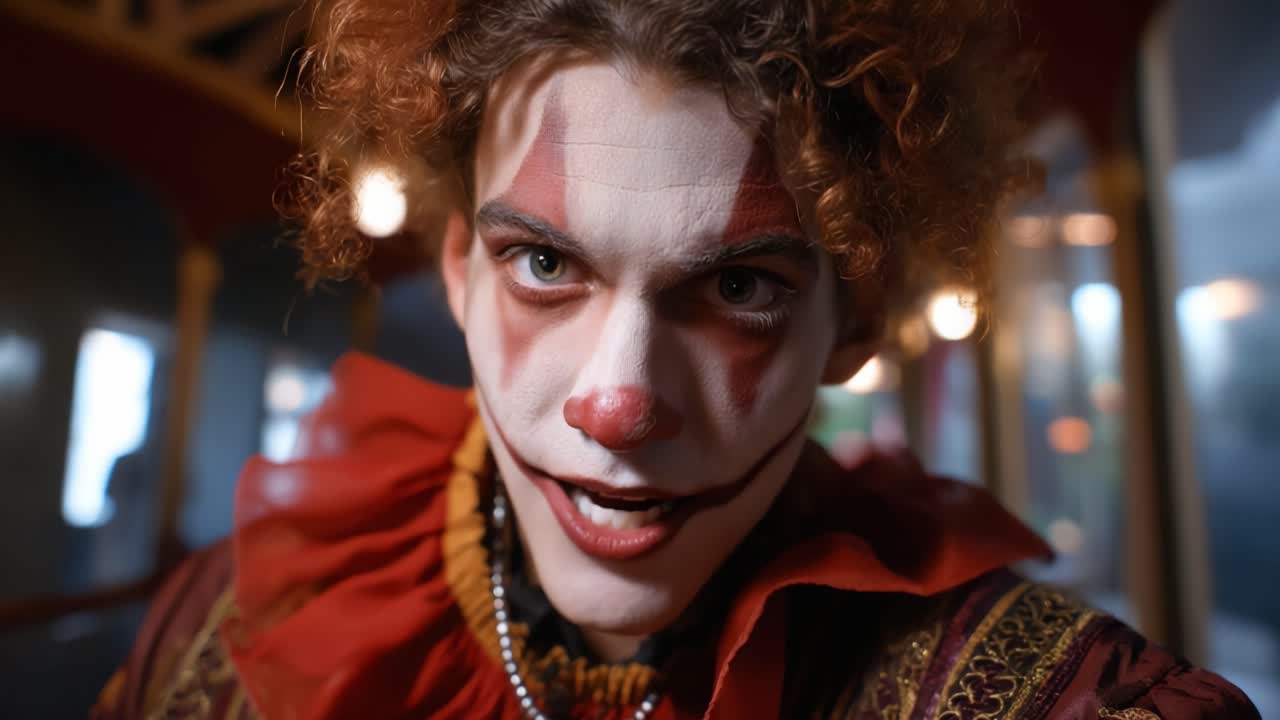 A Portrait of a Creepy Clown with Distinctive Makeup and Colorful Costume, Captured in a Dimly Lit Environment, Evoking a Sense of Eerie Anticipation and Curiosity