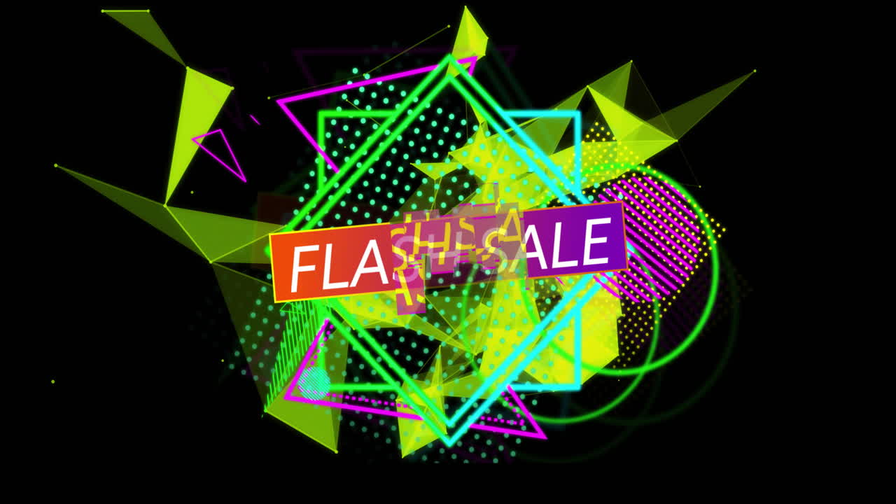 블랙 배경에 다채로운 기하학적 모양 위에 플래시 판매 텍스트 애니메이션