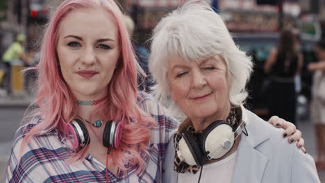 slow motion portrait of happy grandmother and granddaughter family