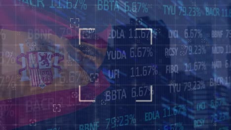 Animation-of-stock-market-and-data-processing-over-flag-of-spain-and-cityscape