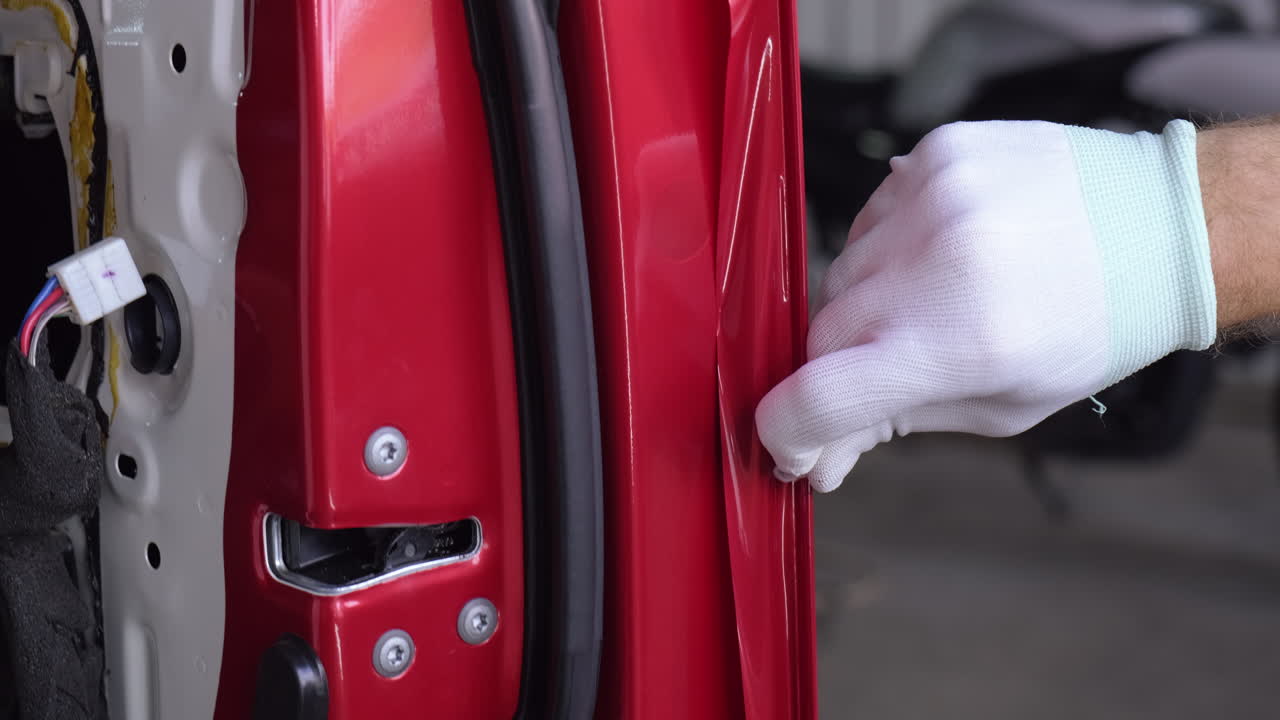 la aplicación de envoltura de vinilo a una puerta de coche