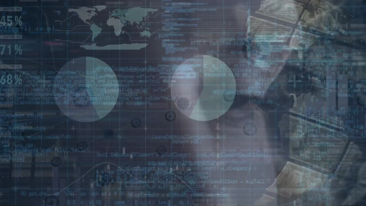 animación del procesamiento de datos y el mundo sobre la mujer caucásica