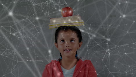 animación de una niña sosteniendo libros en la cabeza sobre una red de puntos conectados en el fondo